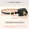 A black PU leather belt bag with a gold metal buckle and leather strap shown with size measurements.