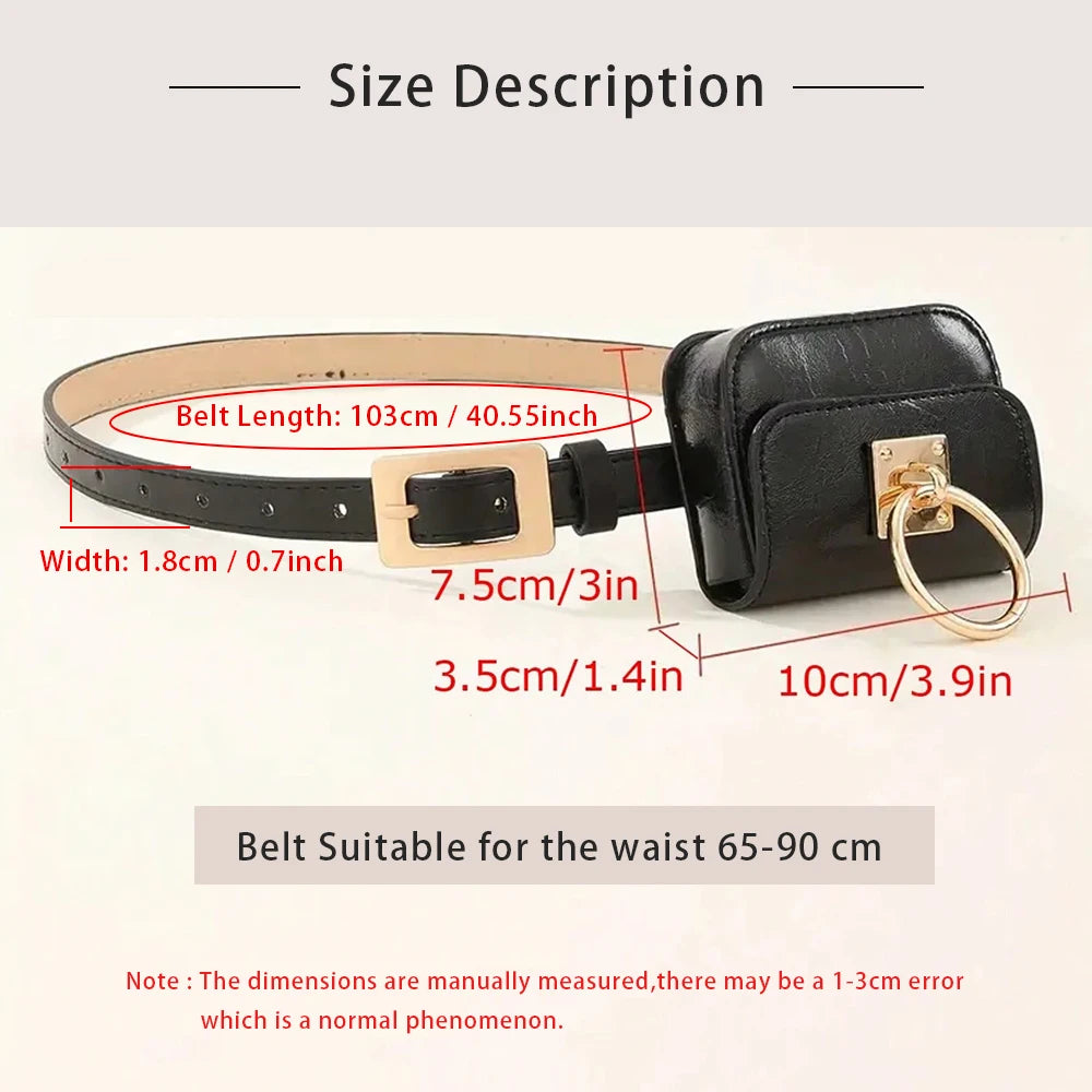 A black PU leather belt bag with a gold metal buckle and leather strap shown with size measurements.