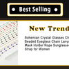 A display of bohemian crystal glasses chains round beaded eyeglass lanyards and mask holders for women