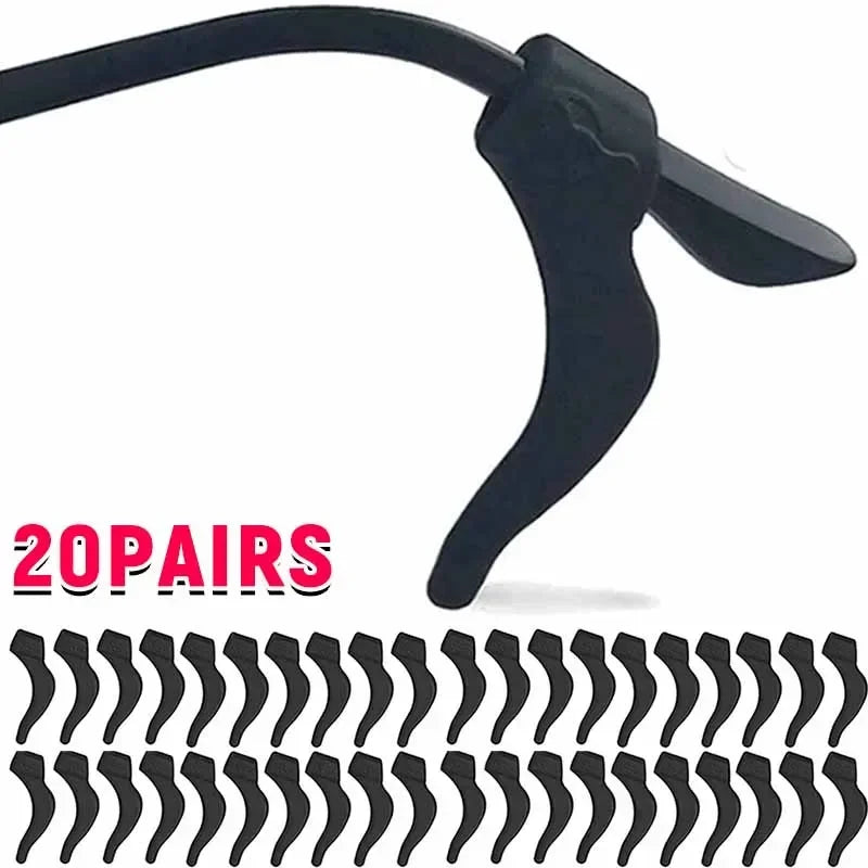 A set of twenty pairs of black invisible silicone anti-slip ear hooks for eyewear.