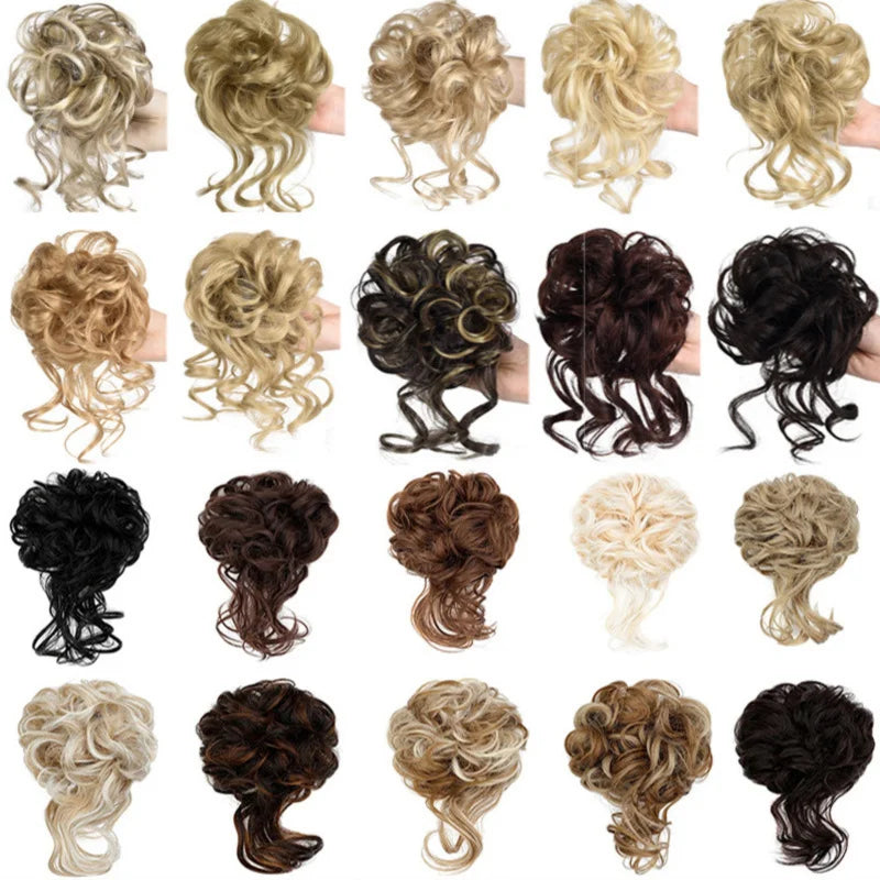 A collection of messy synthetic hairpieces in various shades of blonde, brown, and black curls.
