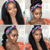 Close-up photos of a woman modeling long straight synthetic hair with a patterned headband wig