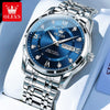 A close-up shot of a stainless steel OLEVS watch with a blue dial and silver bracelet resting on a white background.