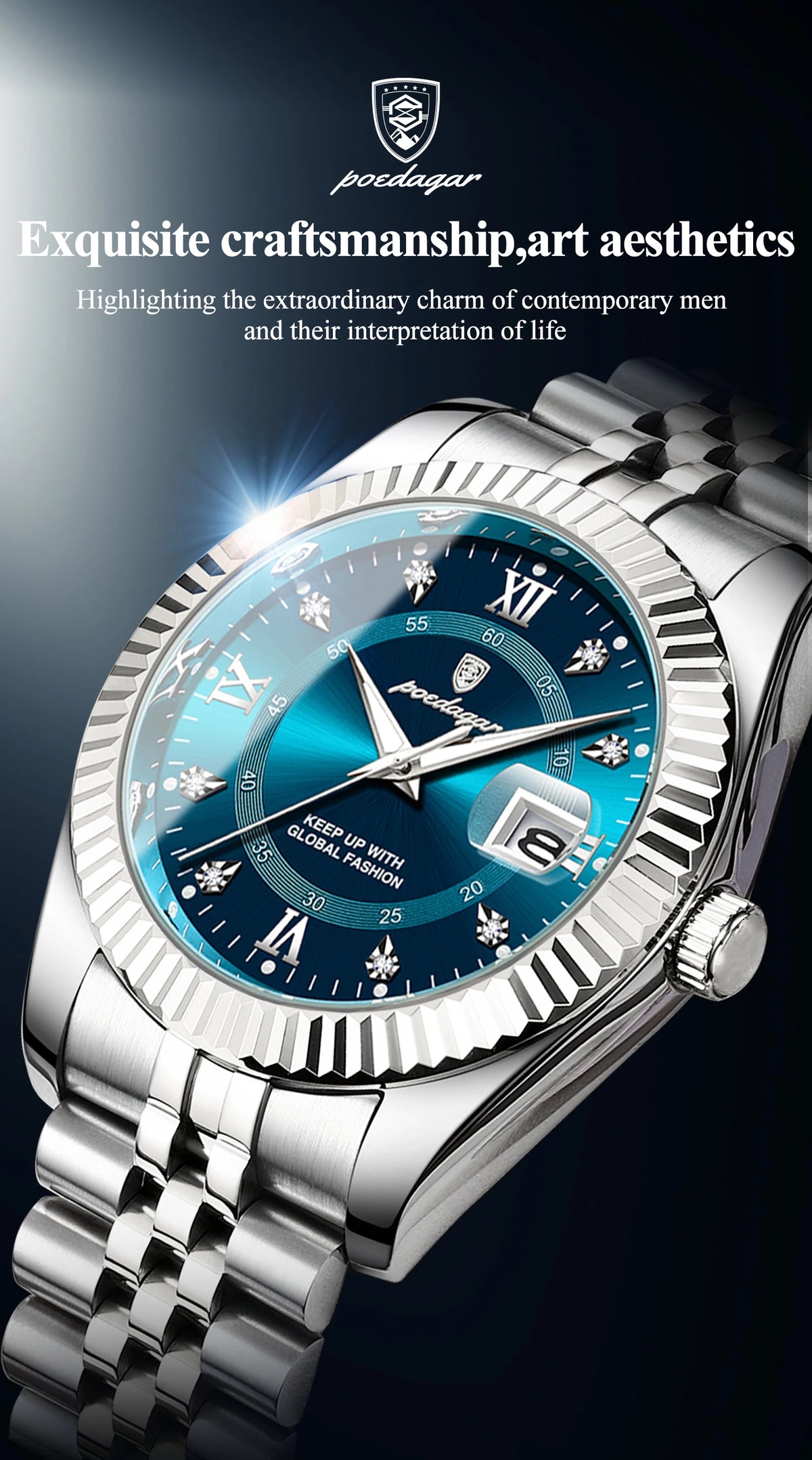 Rapproché d'une montre-bracelet masculine argentée avec cadran bleu et bracelet métallique texturé.