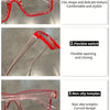 A pair of red and clear plastic costume glasses with a square frame and flexible switch mechanism.