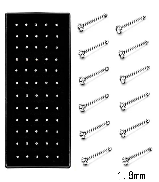 A set of fashion crystal stainless steel nose stud piercing jewelry in various lengths.