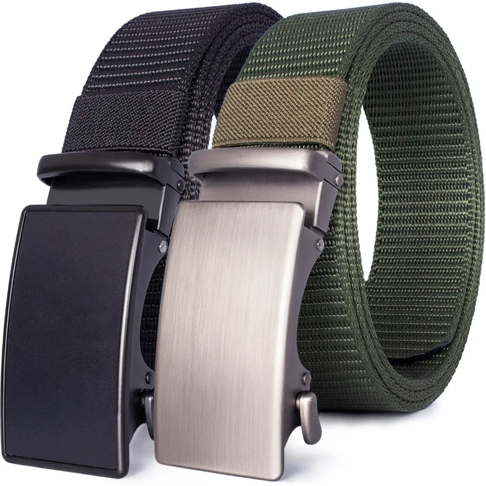 A close-up view of a black and olive green tactical canvas utility belt with a silver buckle.