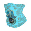 Bohemian hamsa hand bandana neck gaiter featuring blue and gold paisley patterns