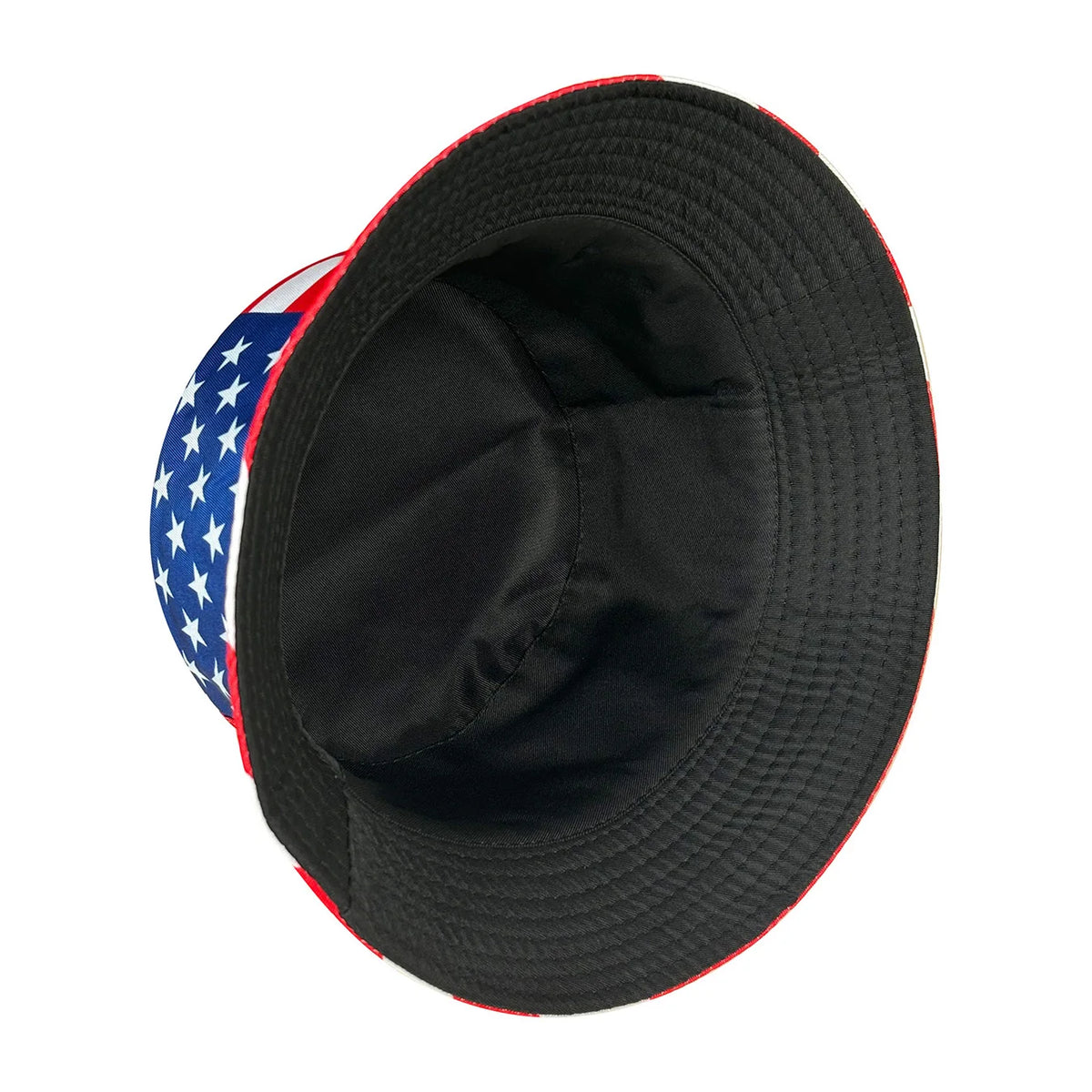 Schwarze Bucket-Cap mit patriotischem rot-blauem Design und strukturiertem Schirm.