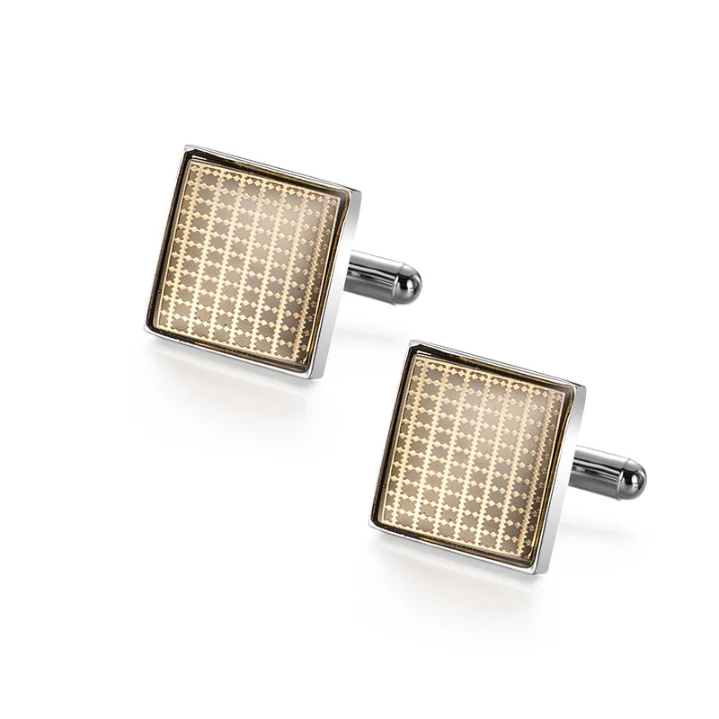 A pair of elegant copper cufflinks with a textured pattern and silver-toned findings.