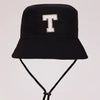 Black sun hat with a white letter T embroidered on the front and an adjustable cord.