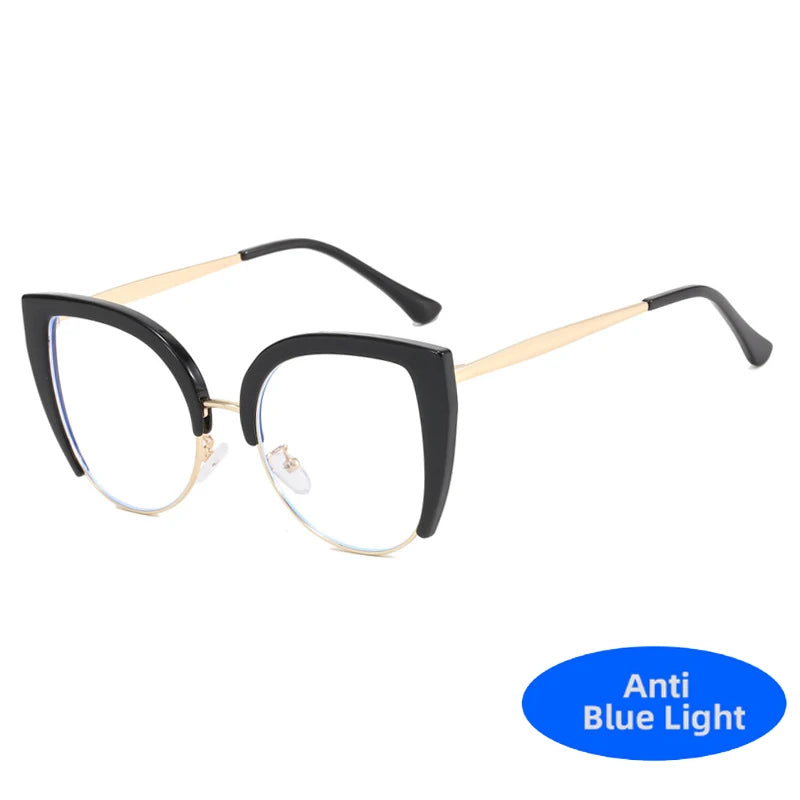 Black and gold vintage metal cat eye eyeglasses with anti-blue light protection