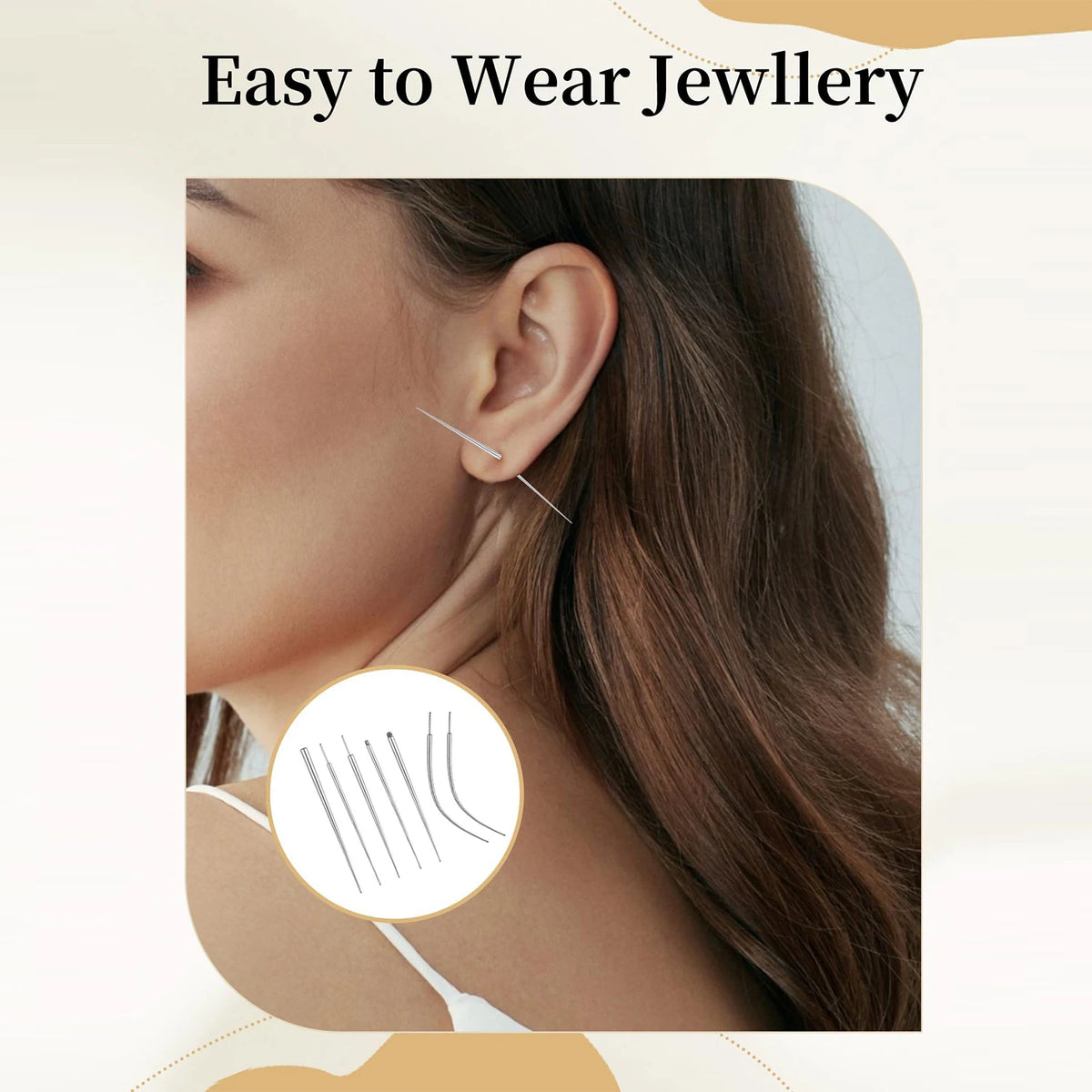 A close-up of a woman's ear showing a titanium piercing tool being used for jewelry.