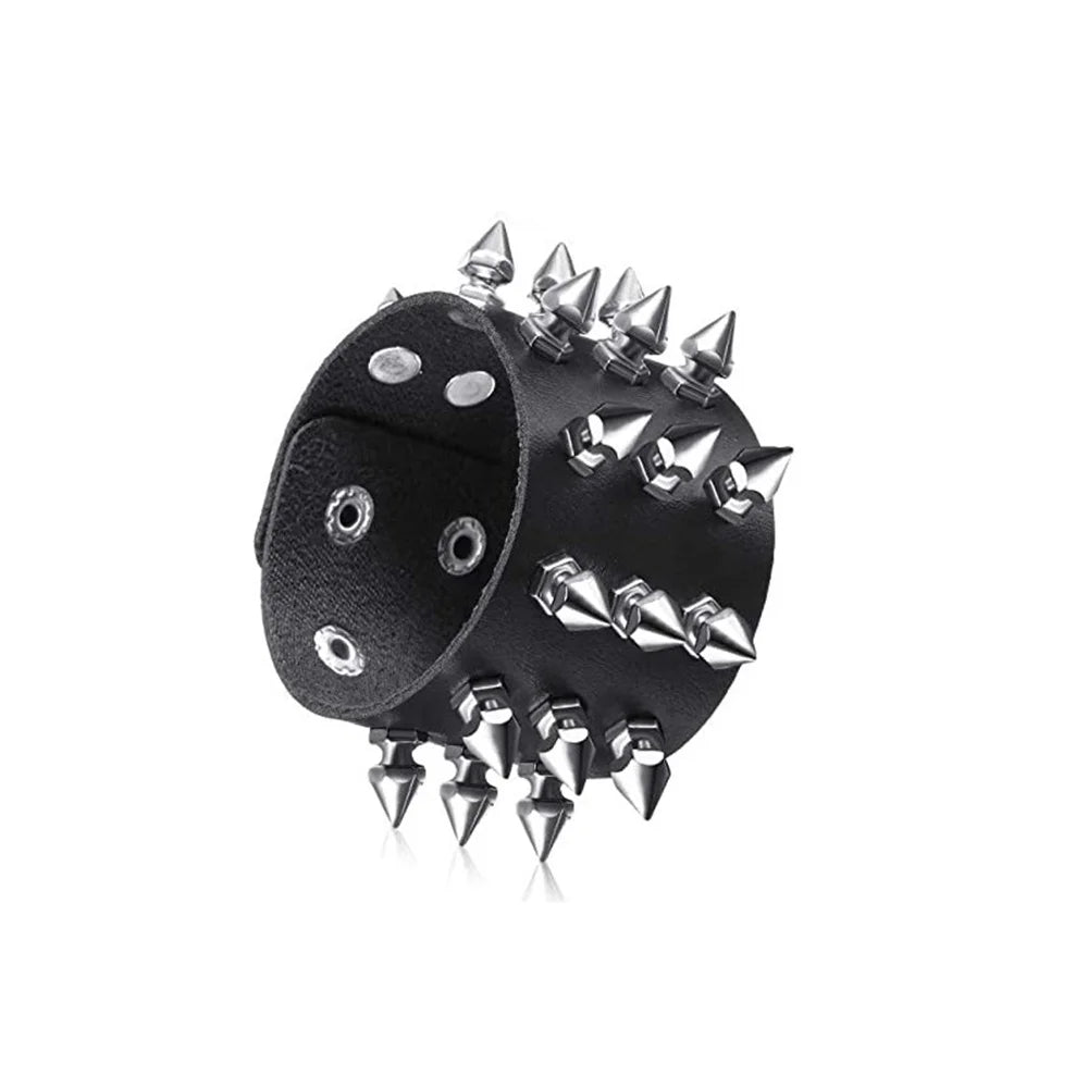 Set de bracelets de cuir noir avec épingles et clous argentés