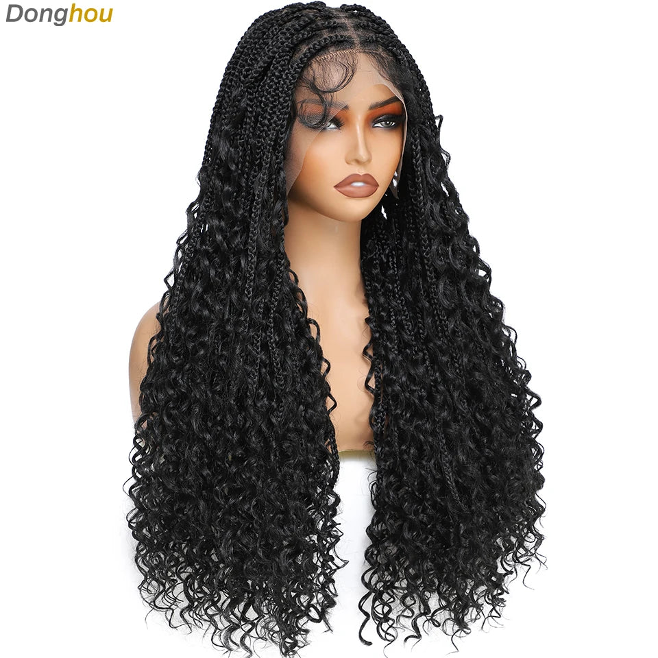 A long, black, curly wig with box braids is displayed on a mannequin head.