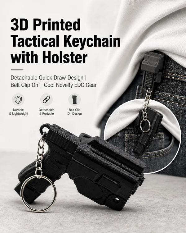 A black 3D printed tactical keychain with a holster is shown against a white cloth background.