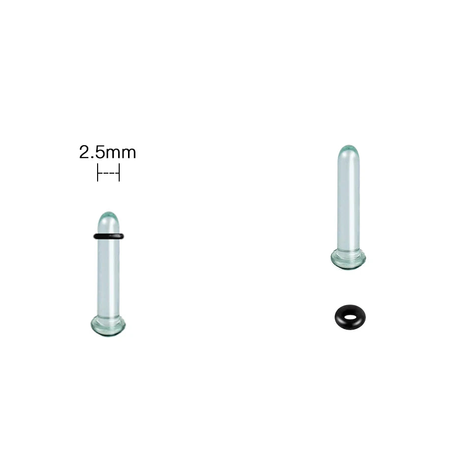 A glass ear stretching kit showing a cylindrical glass piece, a plug, and a black ring.
