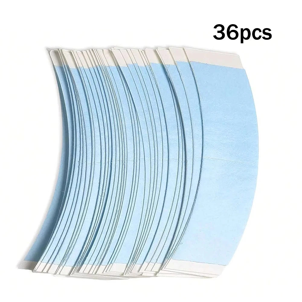 36 pieces of light blue double-sided hair extension adhesive tape stacked in a fan shape