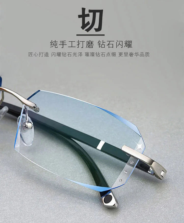 Frameless diamond cut reading glasses with green tint shown on a light gray background