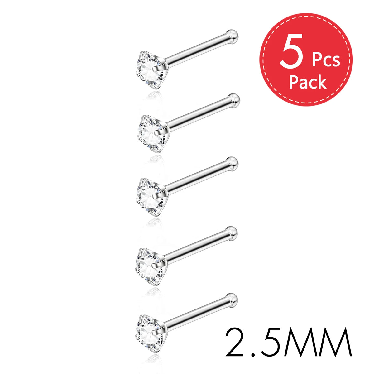 A pack of five stainless steel nostril studs with a crystal and gold finish, measuring 2.5mm.