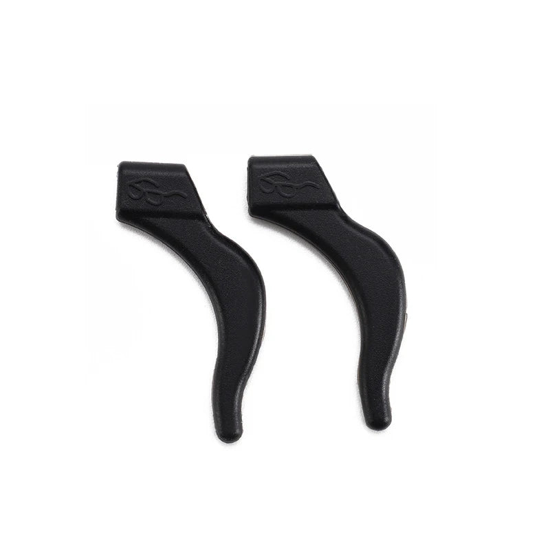 A pair of black silicone ear hooks designed for eyeglasses, suitable for sports and active use.