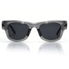 Gray-framed square sunglasses with dark lenses shown against a white background.