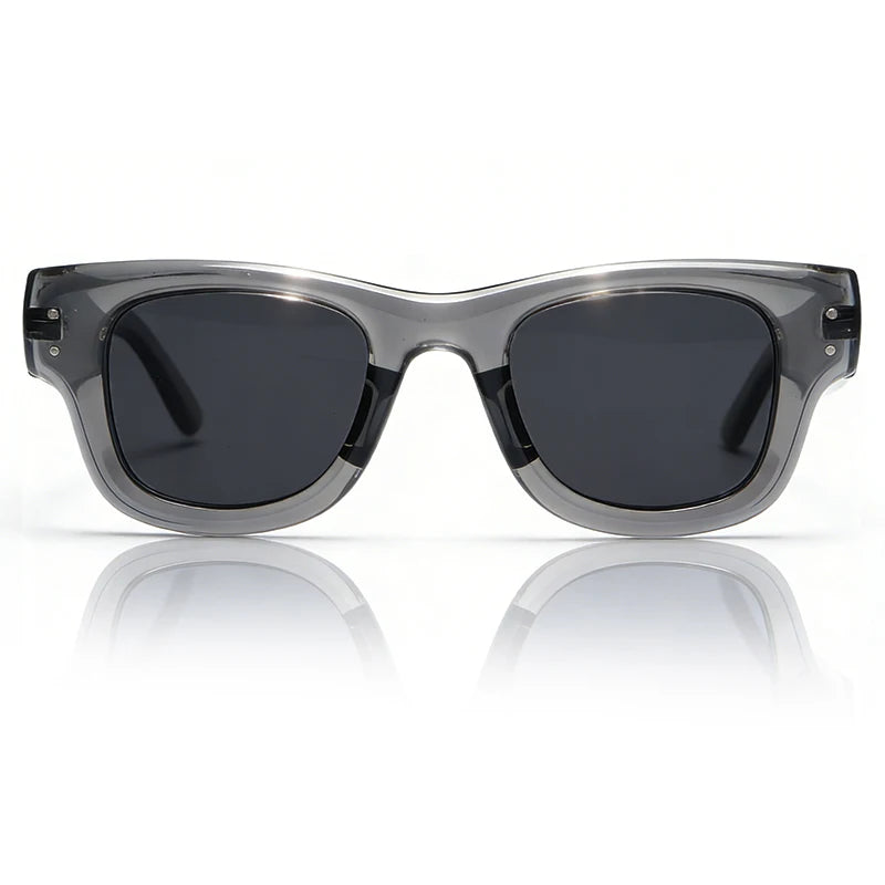 Gray-framed square sunglasses with dark lenses shown against a white background.