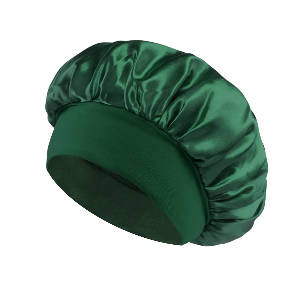 Bonete de dormir de satén verde esmeralda oscuro con diseño de corona fruncida.
