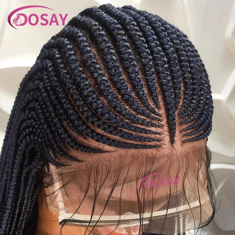 A close-up of a black synthetic braided wig with a full lace front