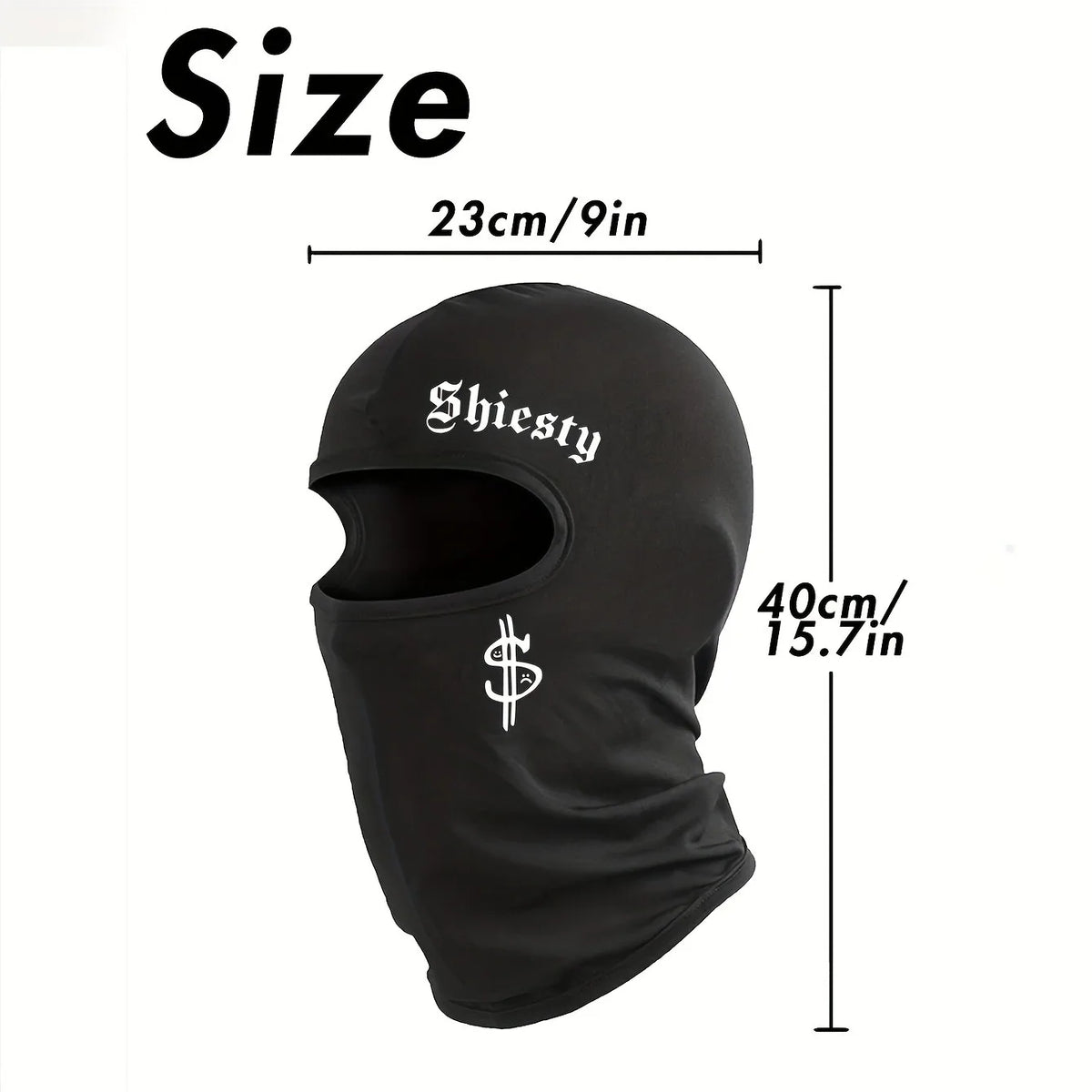 Black windproof dustproof ski mask and neck cover displayed with size measurements.