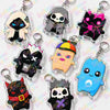 A set of gaming and manga character keychains featuring various stylized figures in black, pink, purple, and blue.