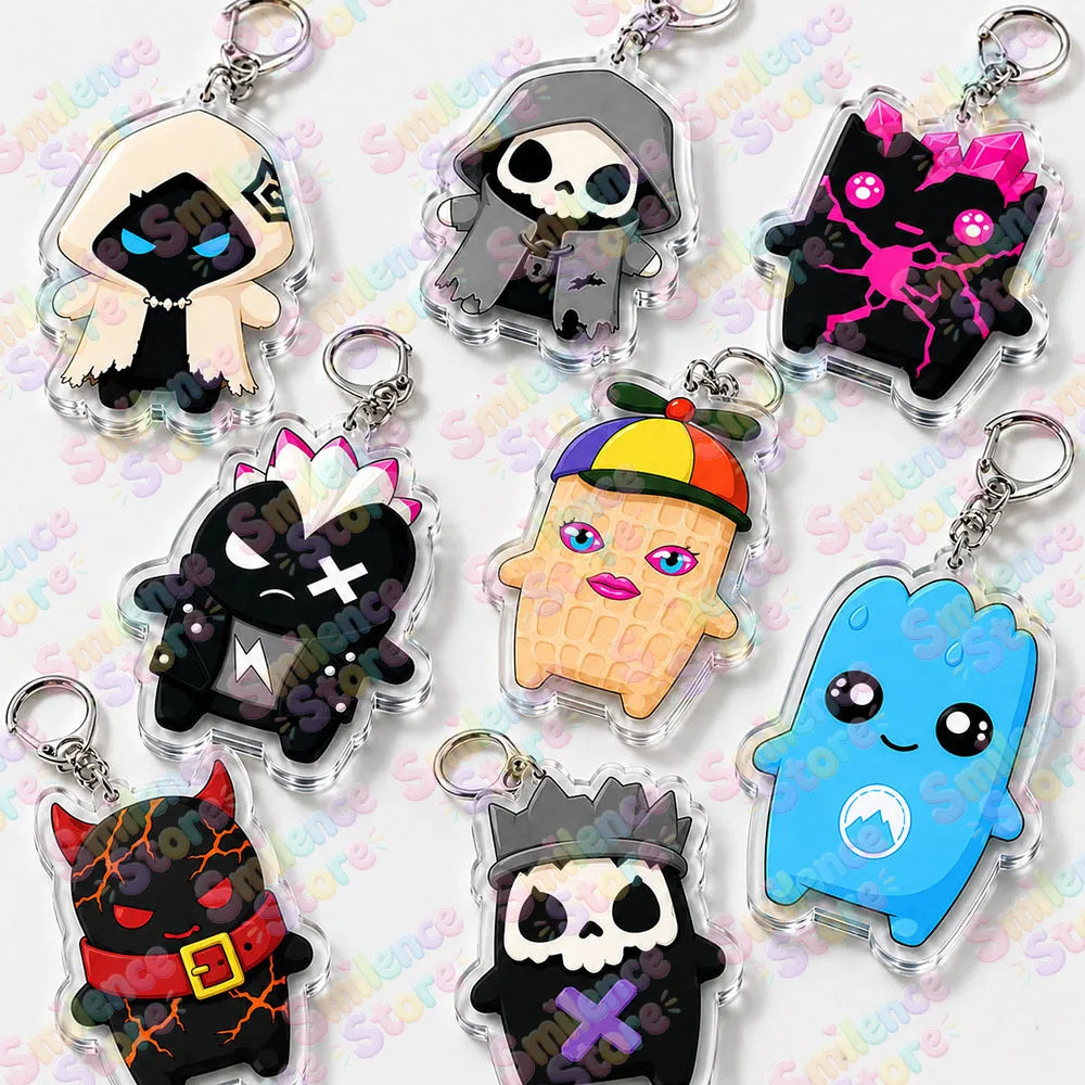 A set of gaming and manga character keychains featuring various stylized figures in black, pink, purple, and blue.