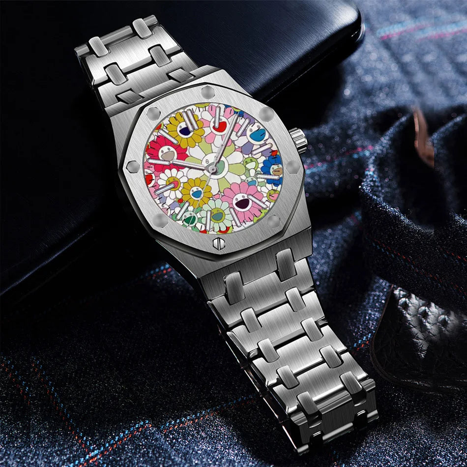 A silver retro luminous quartz wristwatch with a colorful floral dial resting on a dark fabric.