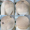 Close-up shots of a platinum blonde body wave wig with blonde roots shown from the back and top.