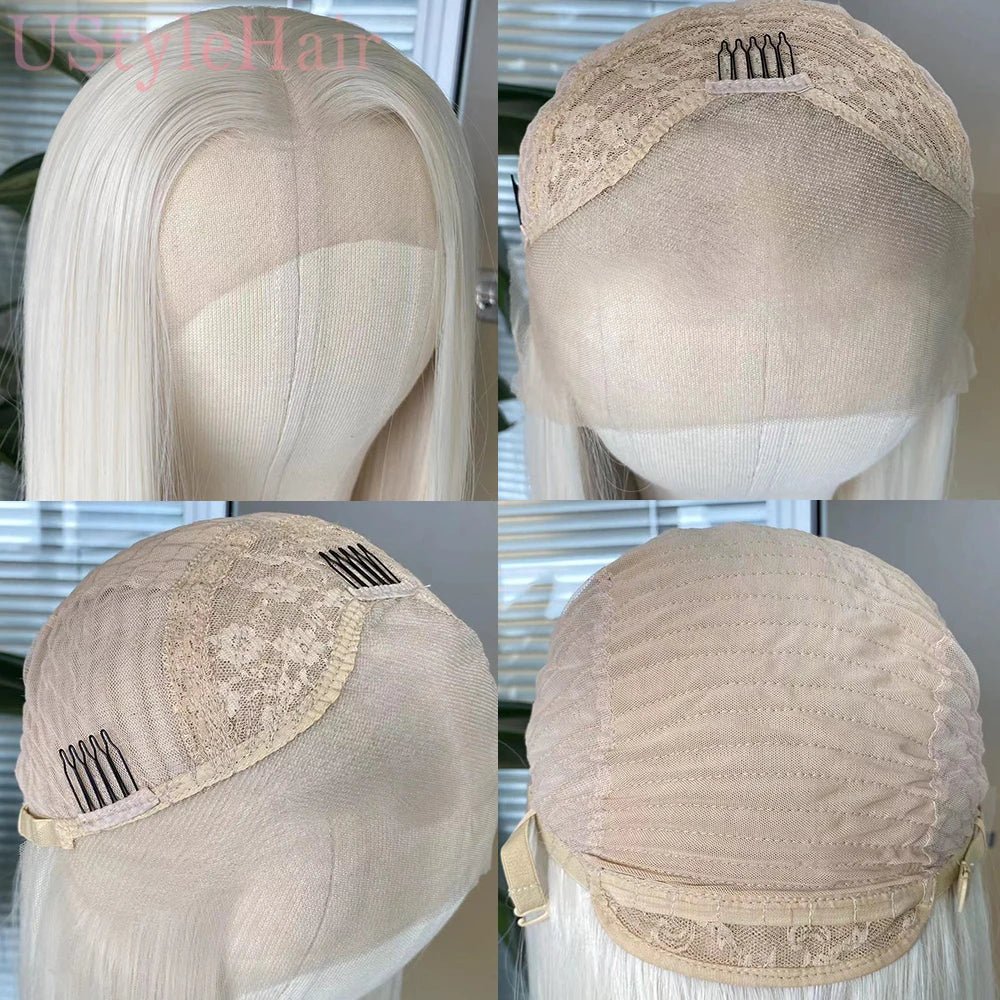 Close-up shots of a platinum blonde body wave wig with blonde roots shown from the back and top.
