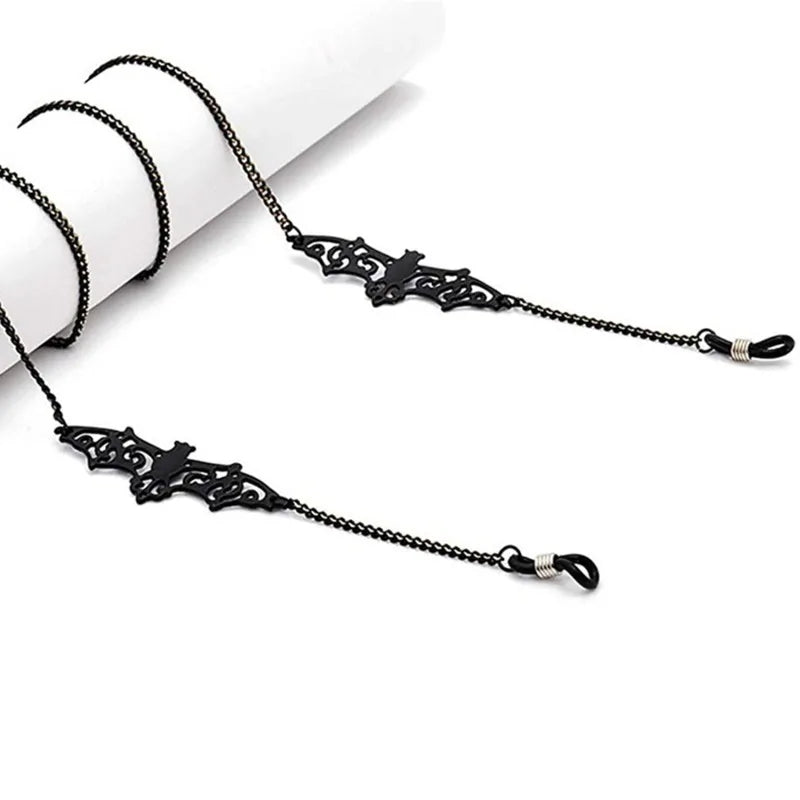Black metal link eyeglass straps for glasses and sunglasses displayed on a white background.