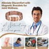A copper magnetic bracelet worn on a wrist, shown next to a doctor, illustrating joint wellness and pain relief.