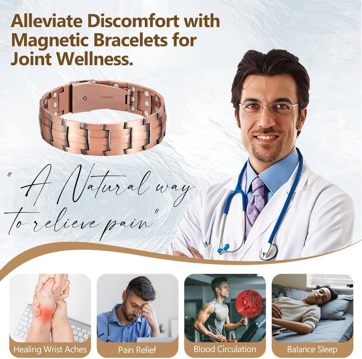A copper magnetic bracelet worn on a wrist, shown next to a doctor, illustrating joint wellness and pain relief.