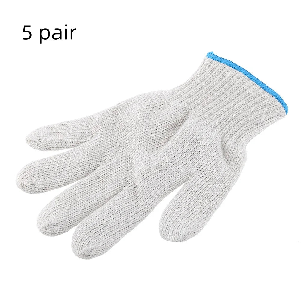 A pair of white cotton thread work gloves with blue trim shown flat.