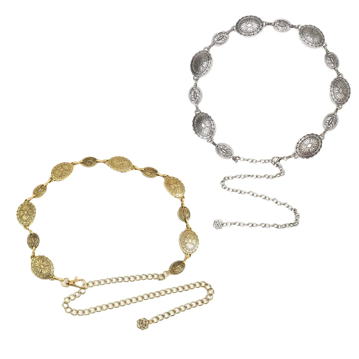 Cadena de cintura ovalada de metal dorado vintage para mujeres con intrincados eslabones y elementos decorativos.