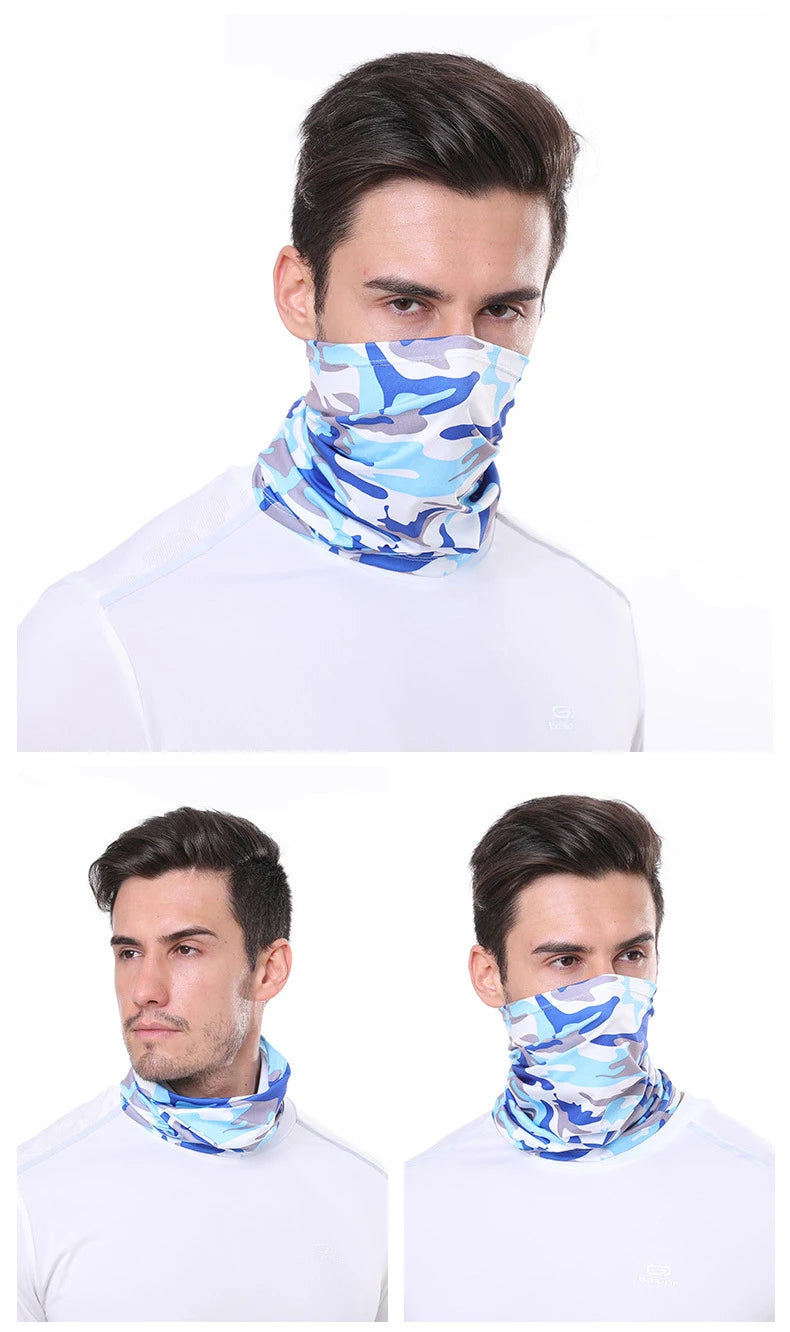 A man wearing a blue and white camouflage face mask for sun protection.