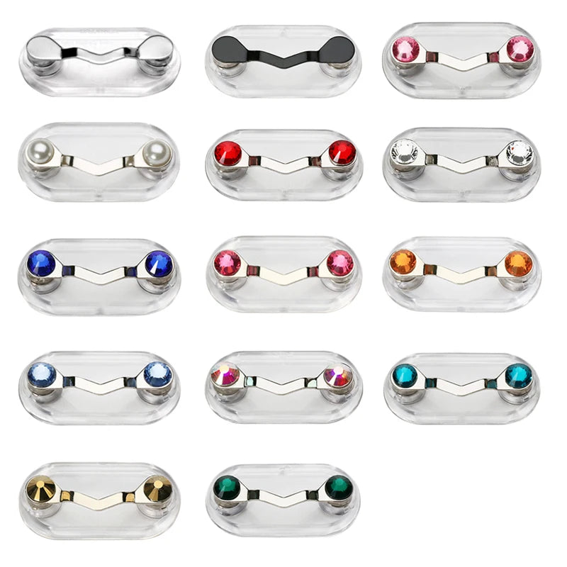 A collection of magnetic eyeglass holder clips in various colors and designs.