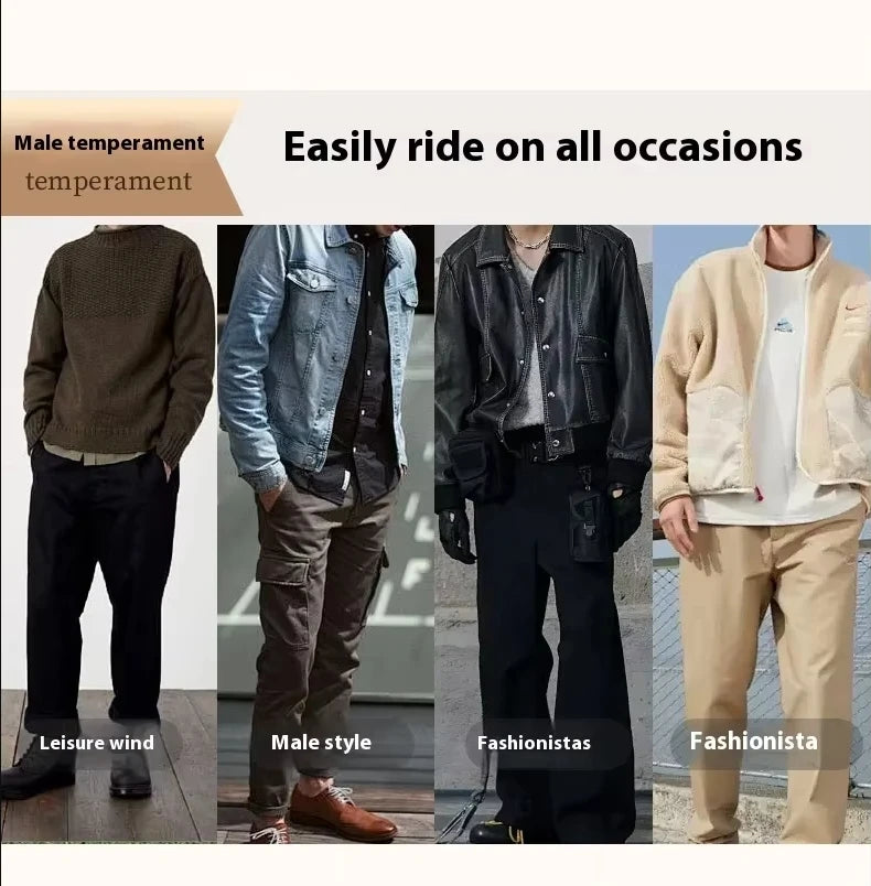 A collection of men's leather belts and jackets demonstrating various styles including temperament, leisure wind, male style,