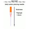 A vertical view of a 14 gauge stainless steel belly button piercing needle with a 1.6mm thickness.