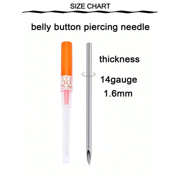 A vertical view of a 14 gauge stainless steel belly button piercing needle with a 1.6mm thickness.
