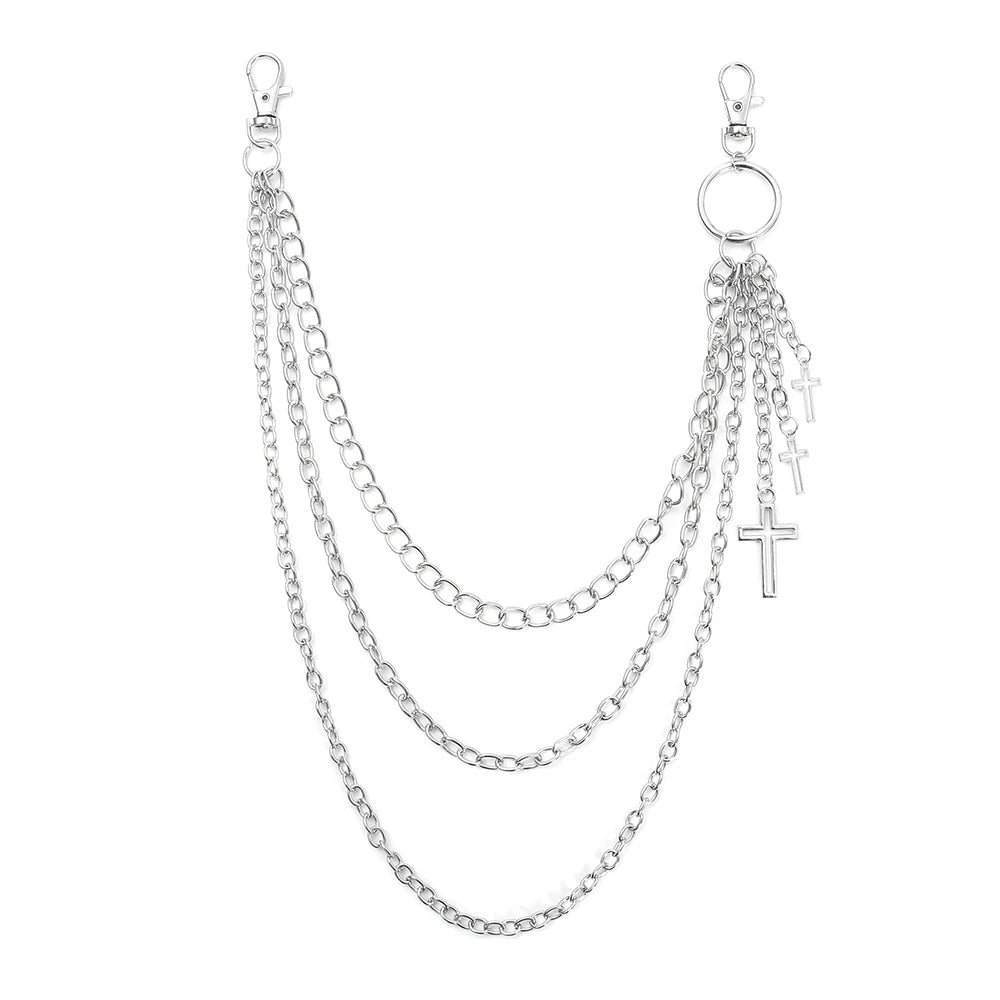 Silver double-layer waist chain accessory with a pendant and cross charm