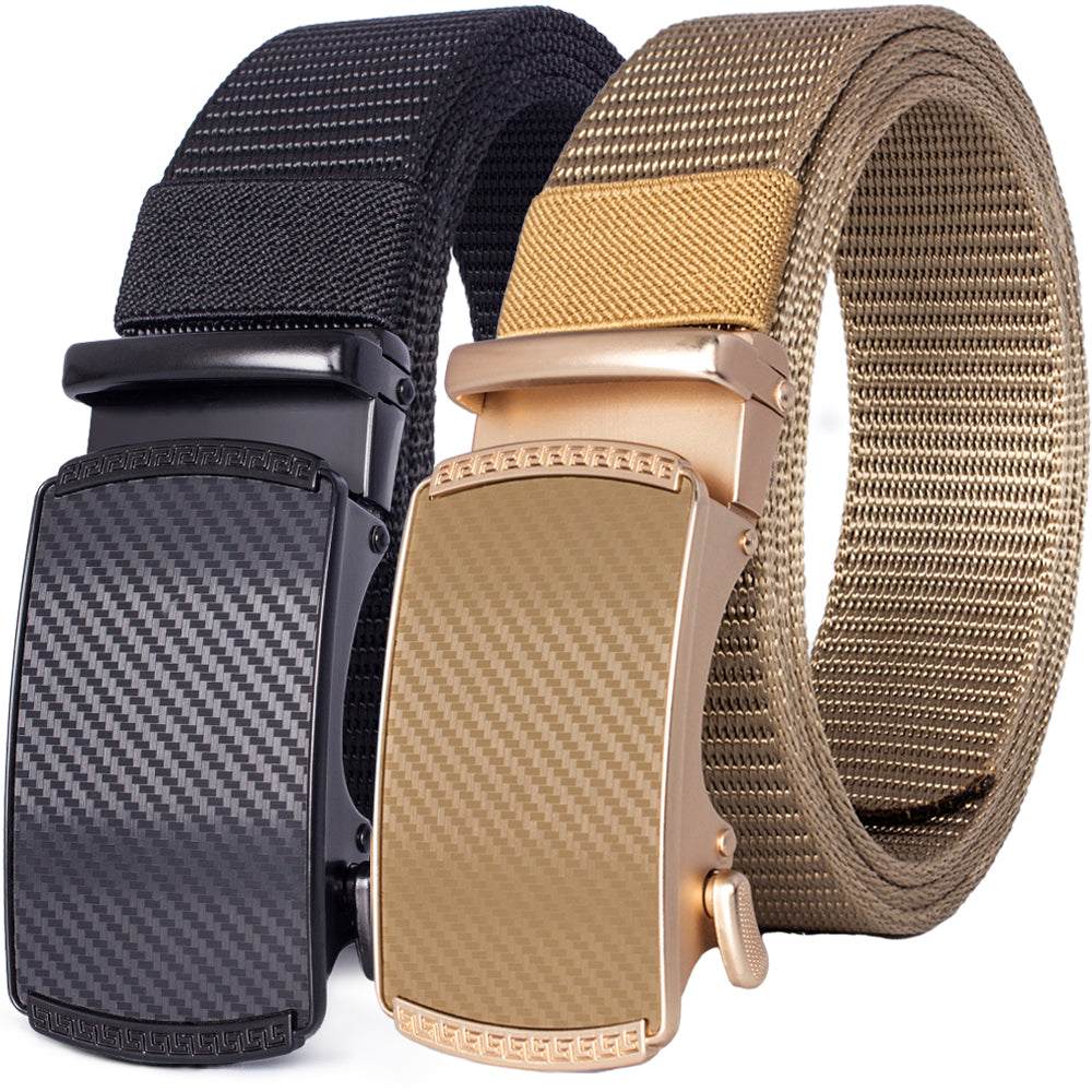A tactical canvas utility belt in black and gold colors shown with a leather buckle.