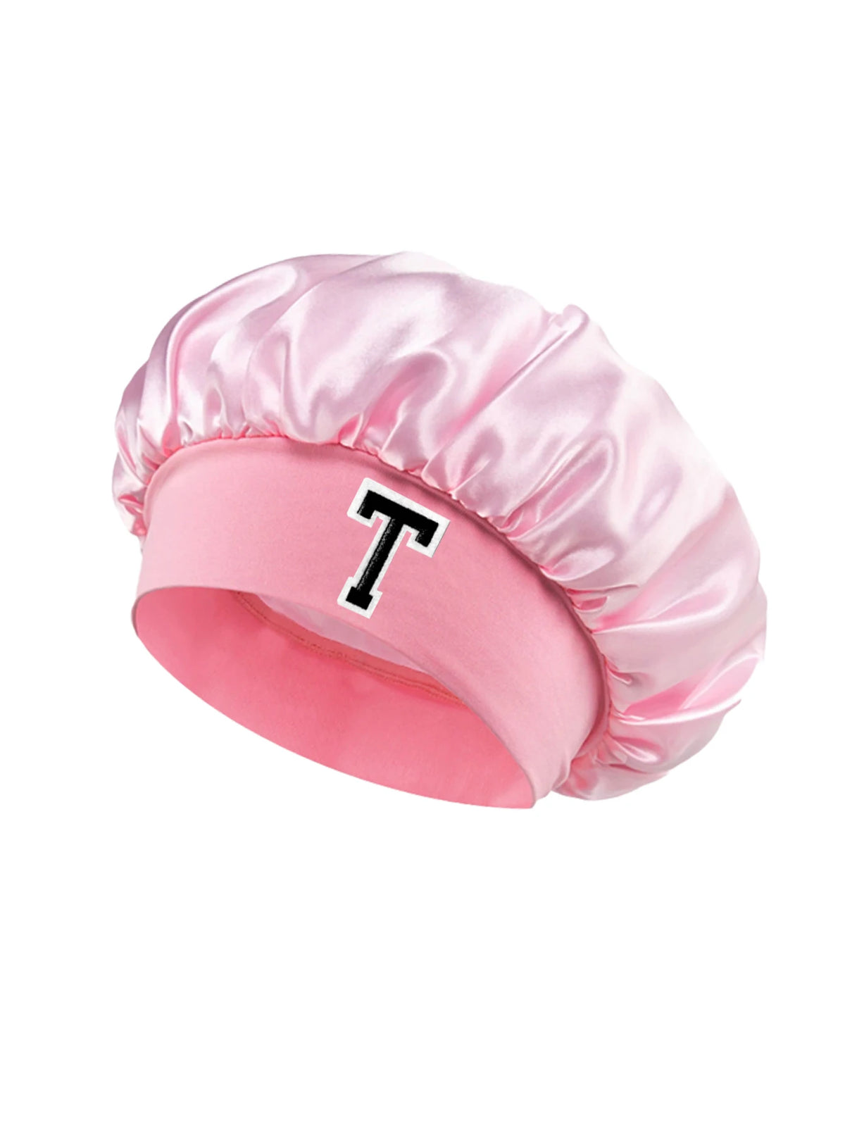 Pink satin hair cap with a black letter T print on the side