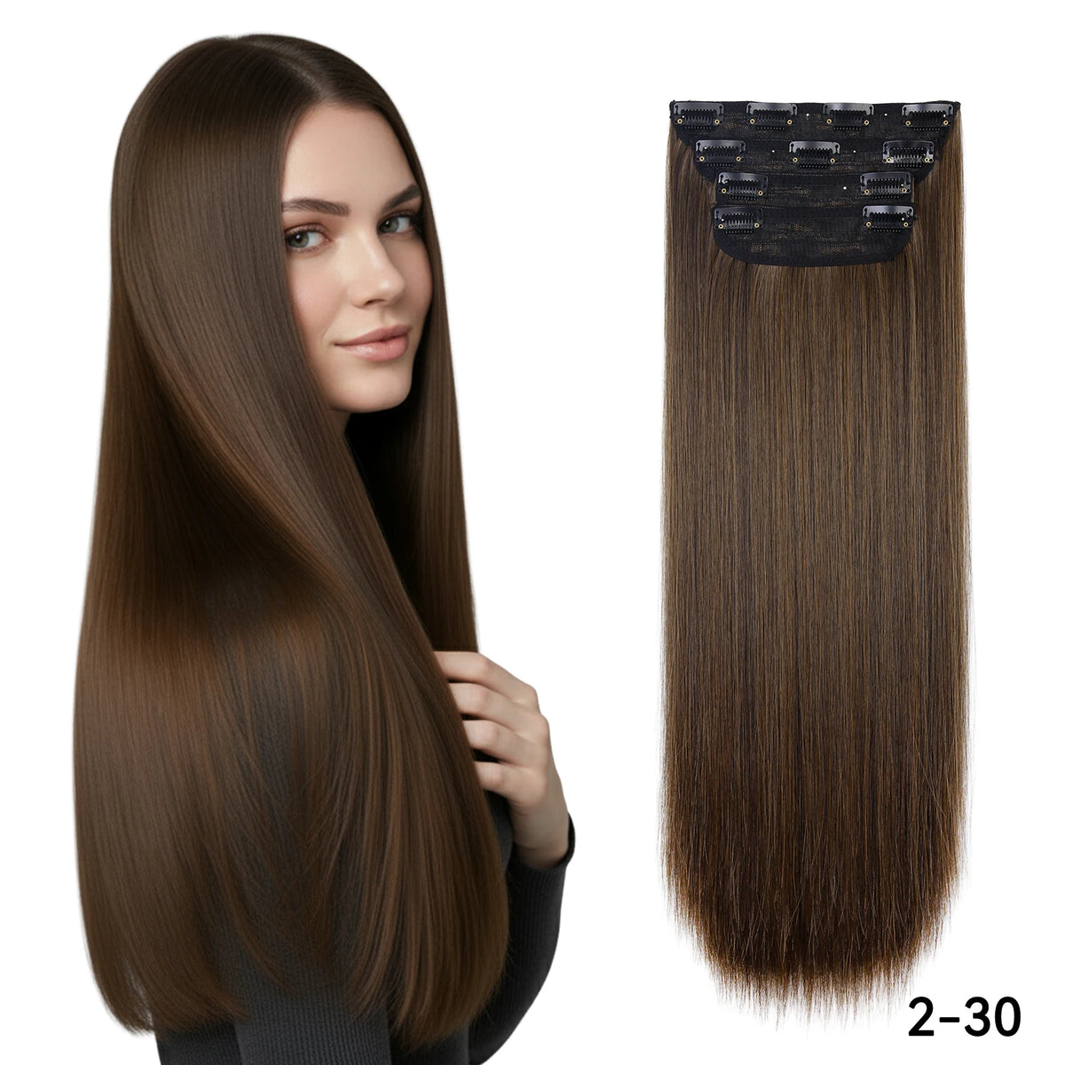 A woman models long, dark brown hair with black clips attached to the top section.