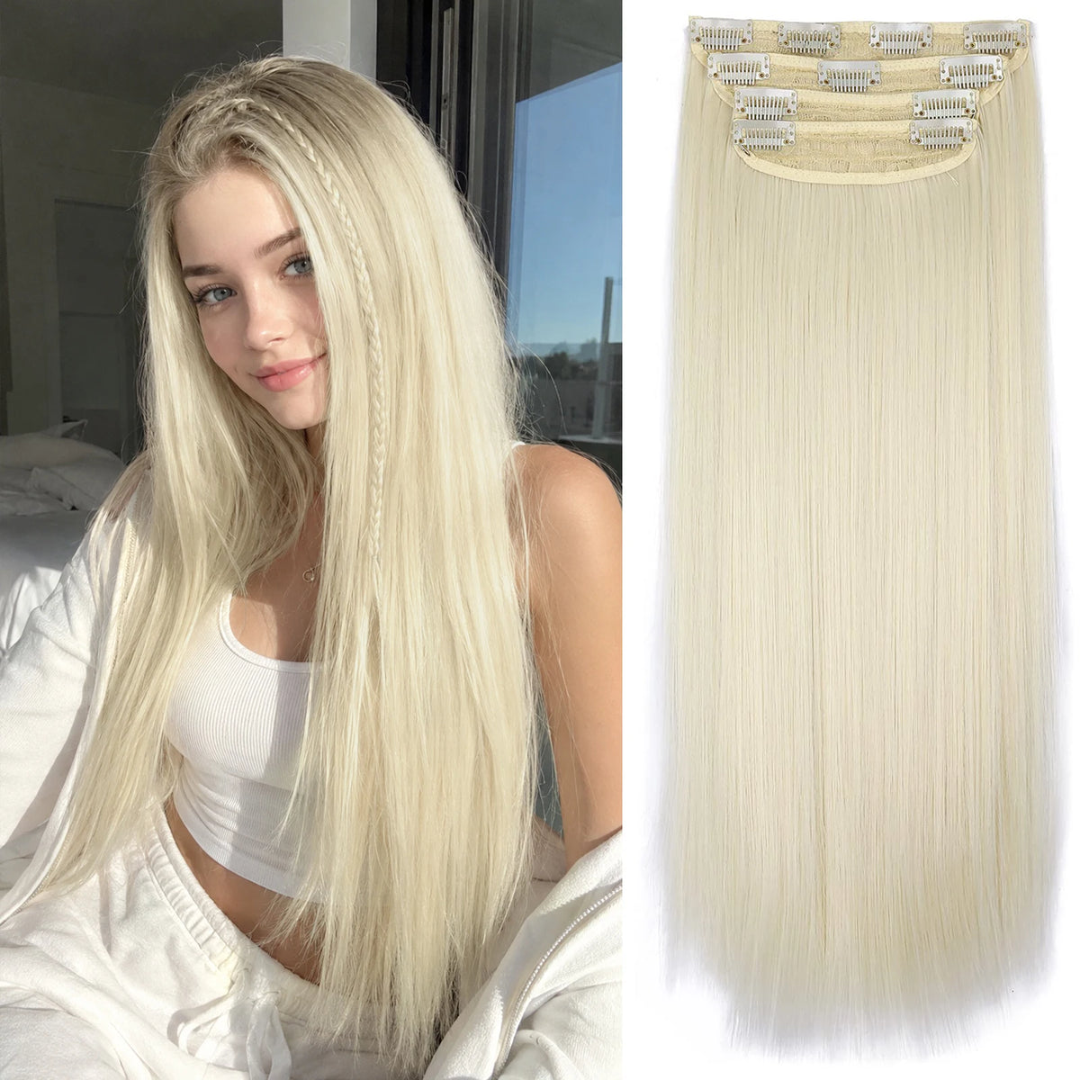 Long, straight platinum blonde hair with a subtle ombre effect and decorative clips